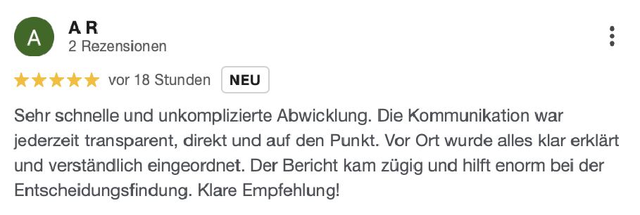 5-Sterne Bewertung für Bausachverständiger Fuhrmann mit Lob für schnelle Abwicklung, klare Kommunikation und verständliche Beratung