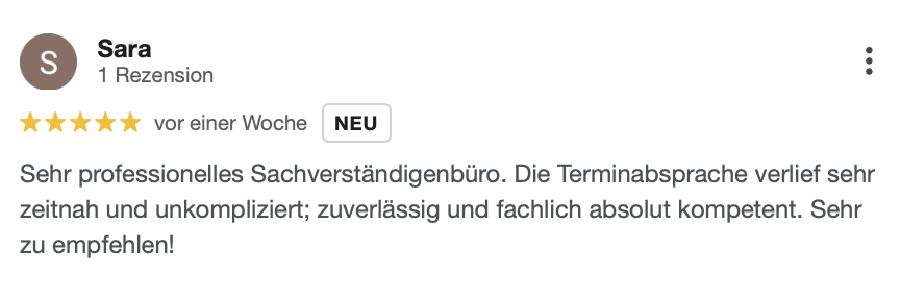 5-Sterne Bewertung für Bausachverständiger Fuhrmann mit Lob für Professionalität, Zuverlässigkeit und schnelle Terminvergabe