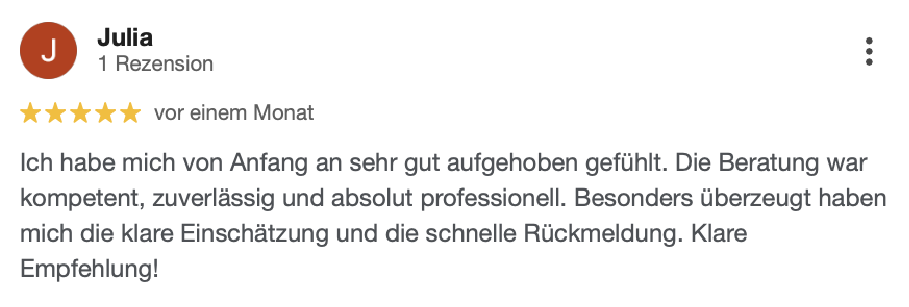 5-Sterne Bewertung für Bausachverständiger Fuhrmann mit Lob für kompetente Beratung, schnelle Rückmeldung und professionelle Einschätzung