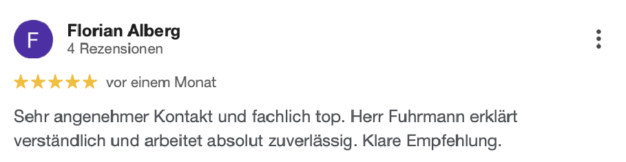 5-Sterne Bewertung für Bausachverständiger Fuhrmann mit positivem Kundenfeedback zur fachlichen Beratung und Zuverlässigkeit