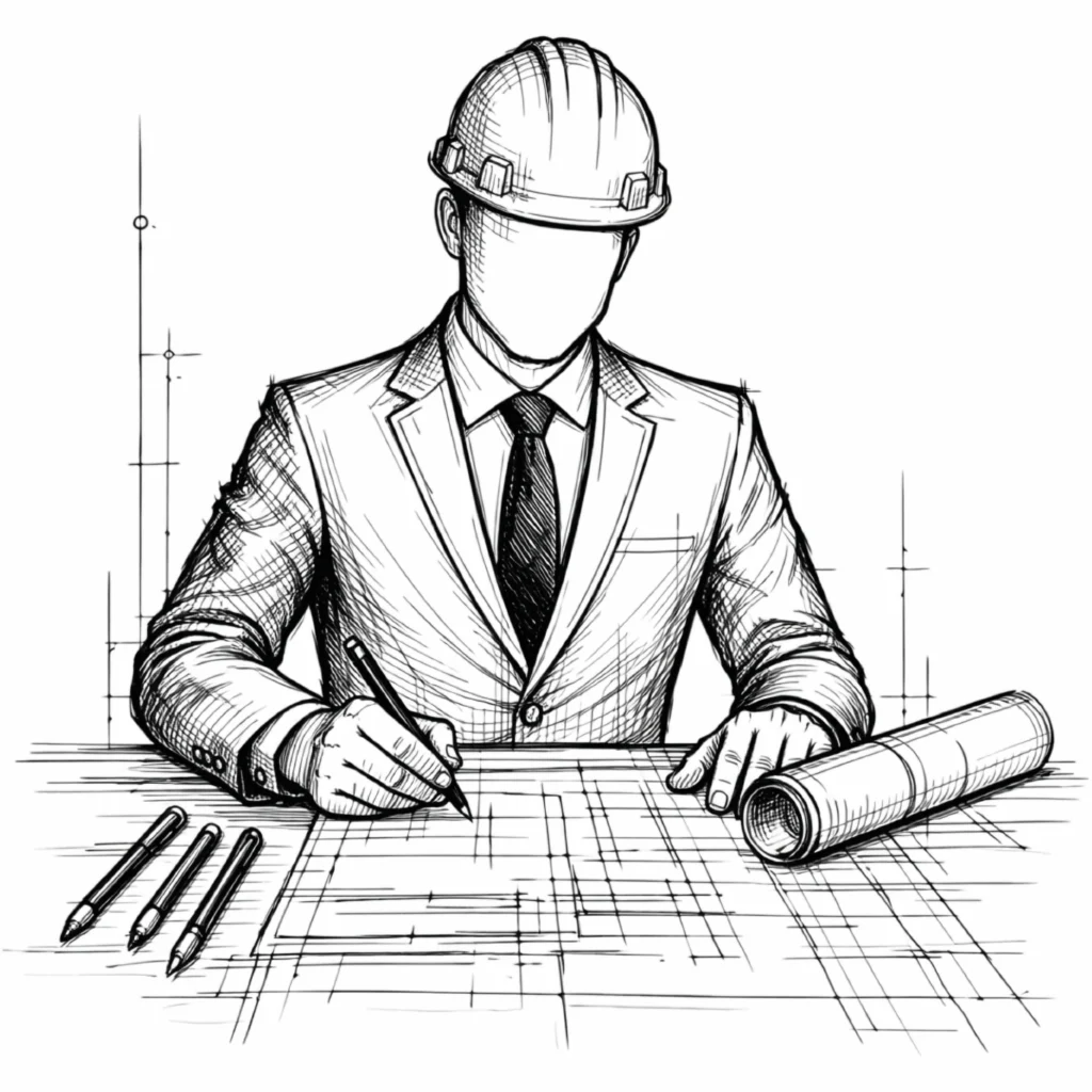 Illustration eines Bausachverständigen bei der Planung und Prüfung von Bauzeichnungen