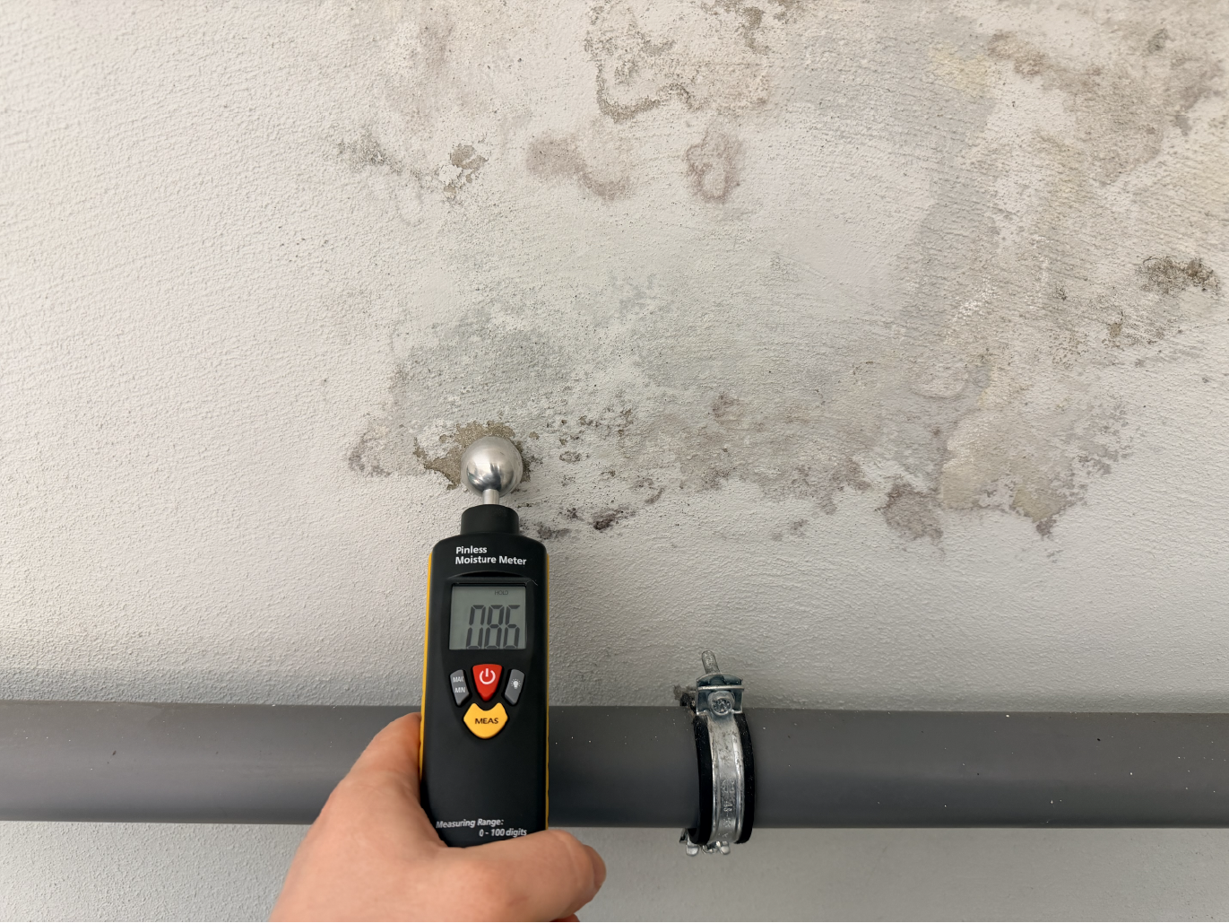 Feuchtigkeitsschaden und Schimmel an Wand mit Messgerät zur Schadensanalyse durch Bausachverständiger Fuhrmann